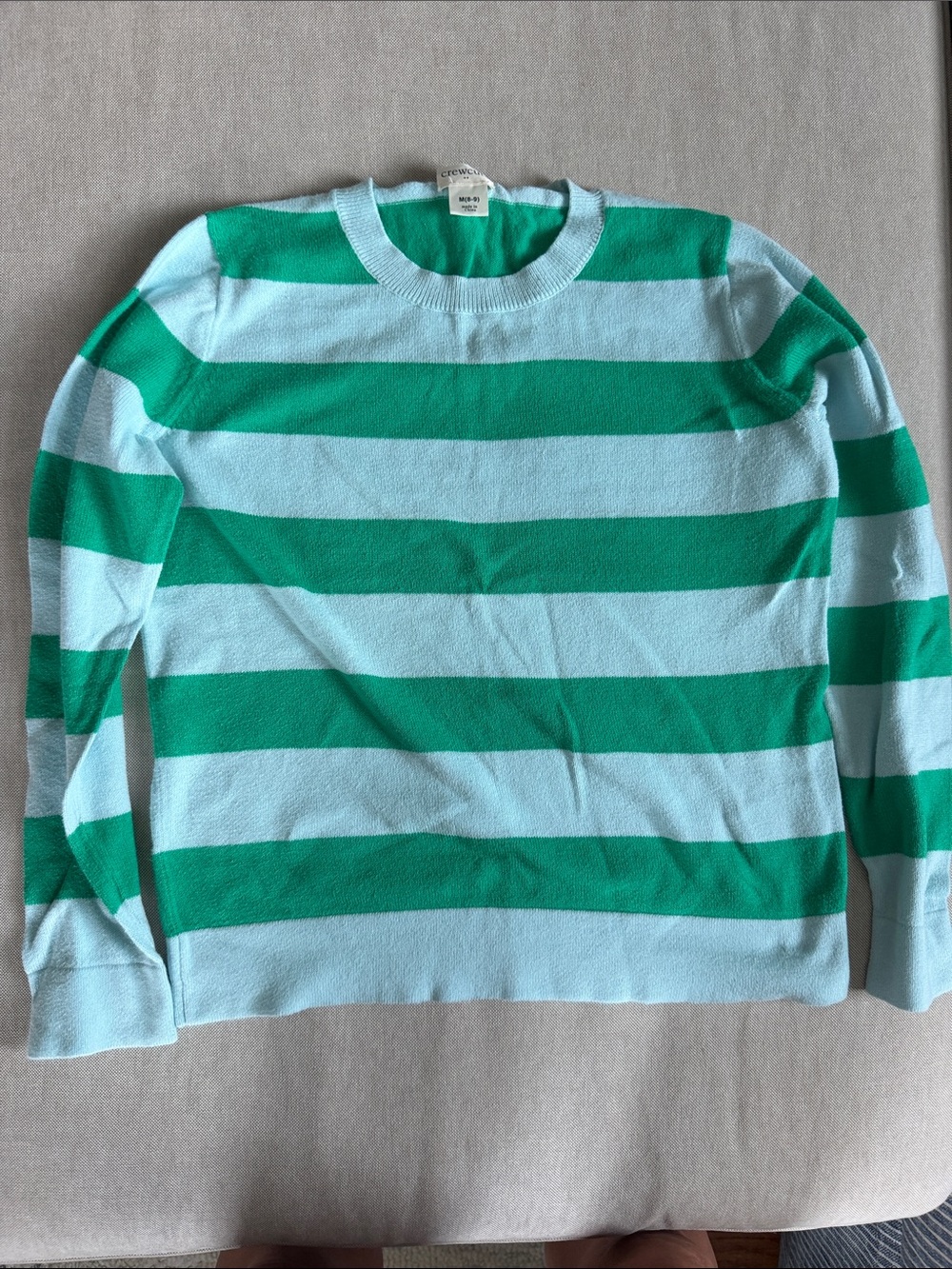 Girls Crewcuts Green and Light Blue Striped Crewneck Sweater, size medium (8-9).
